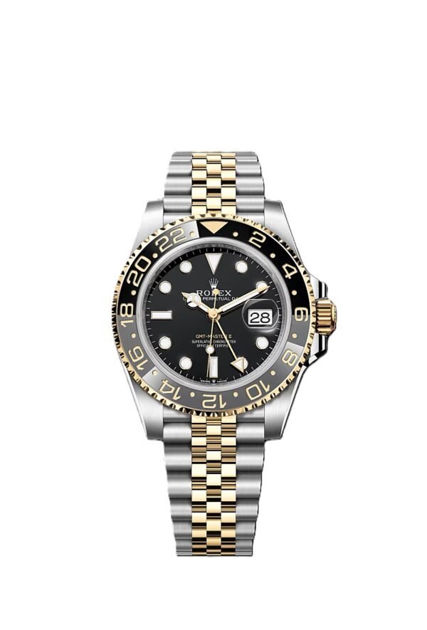GMT-Master II yellow gold with a black dial and a Jubilee bracelet.