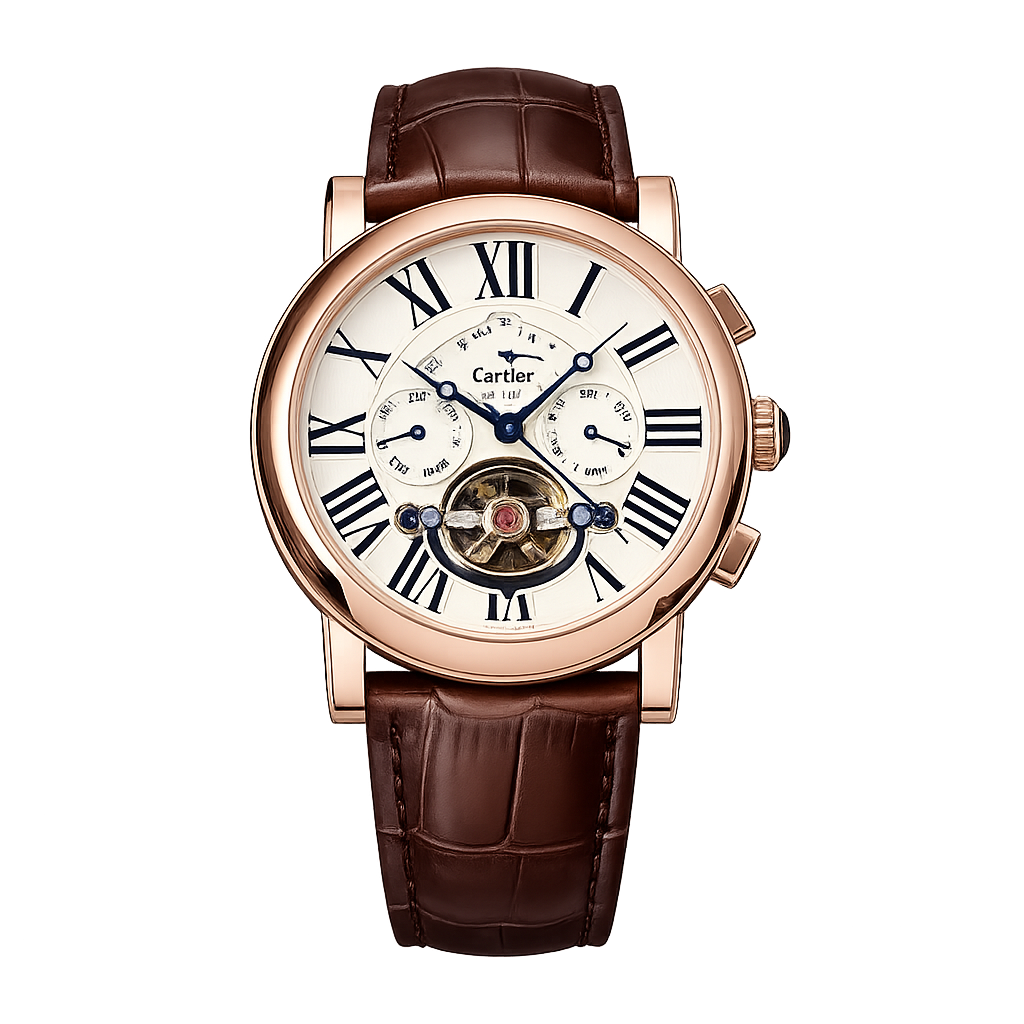 Cartier Rose Gold Open Heart Automatic Calendar Leather Strap Watch