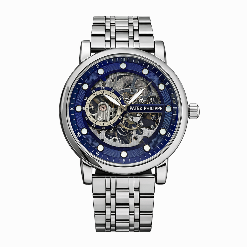 Patek Philippe Silver Skeleton Dial Automatic Watch with Blue Accent Ring